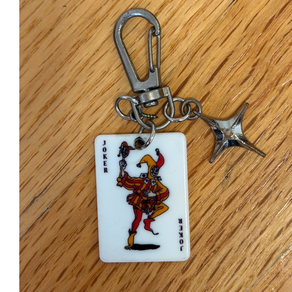 Joker Playing Card Keychain Silver Star Charm Jester Lobster Clasp White